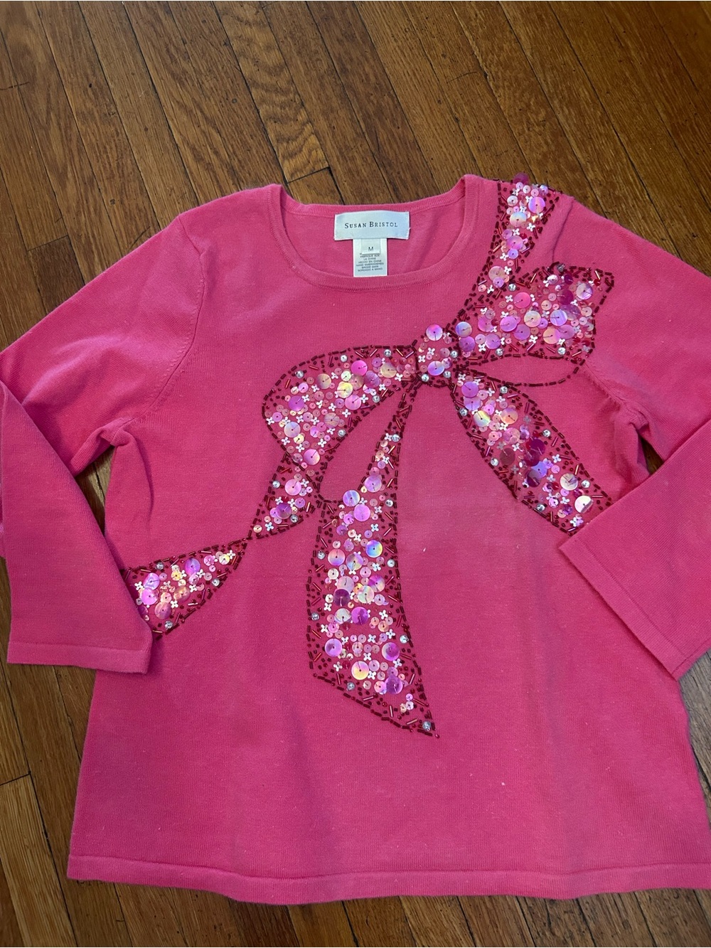 Susan Bristol Hot Pink Sequin Bow Long-Sleeve Tee
